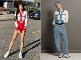 Jennie Black Pink và Kim Go Eun từng trưng diện thiết kế trong BST Xuân/Hè 2019 của nhà mốt Chanel với mẫu áo cardigan y chang nhau chỉ khác màu sắc và cách mix đồ