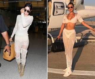 Kendall Jenner cũng nhanh chóng “tậu” set đồ với chất liệu len xuyên thấu giống hao hao mà cô bạn thân Bella mặc khi ra phi trường mix tinh tế với giày boots cổ ngắn cùng túi xách và phụ kiện mắt kính