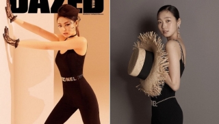 Chưa dừng tại đó, khi chụp hình cho tạp chí nữ idol cùng nàng diễn viên sinh năm 1991 cũng trùng hợp diện thiết kế bodysuit màu đen tôn dáng