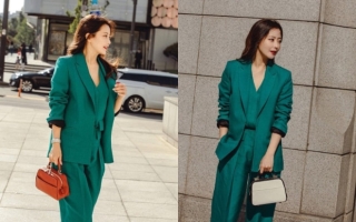 “Đệ nhất mỹ nhân xứ Hàn” Kim Hee Sun trẻ trung trong dáng suit màu xanh ngọc bích oversized