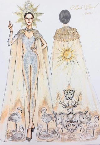 Bản vẽ chính thức của thiết kế Nữ thần mặt trời – trang phục dân tộc của Phương Khánh tại Miss Earth 2018.