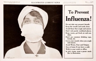 Bản hướng dẫn về sức khỏe cộng đồng, phòng tránh lây nhiễm virus cúm được ban hành với ảnh một người phụ nữ đeo khẩu trang.