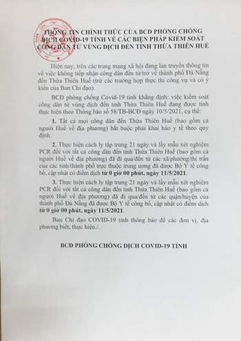 Văn bản khẳng định của Ban chỉ đạo phòng chống Covid-19 tỉnh Thừa Thiên Huế. 