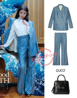 IU cũng từng diện bộ cánh suit của Gucci khi chụp hình cho tạp chí W Korea, những dáng suit này giúp che đi khuyết điểm thân hình nhỏ con nhờ kiểu quần lưng cao ống rộng
