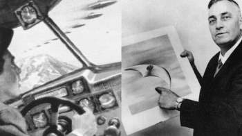 Ảnh trái mô tả lúc Kenneth Arnold nhìn thấy UFO. Ảnh phải là ông Arnold và tranh vẽ mô tả hình dang UFO