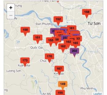 Bản đồ quan trắc AQI tại Hà Nội rực màu đỏ và tím. Ảnh: Dương Lâm