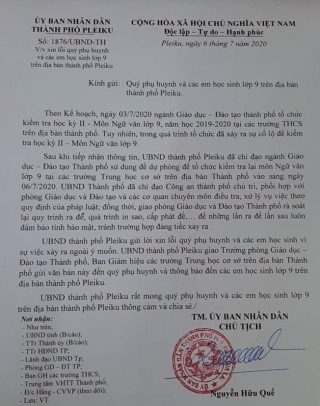 Chủ tịch UBND TP. Pleiku xin lỗi phụ huynh và học sinh vụ lộ đề thi