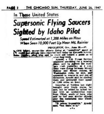Trong số ra ngày 26.6.1947, tờ báo Chicago Sun dùng từ 'đĩa bay' (flying saucer) để mô tả về vụ Kenneth Arnold nhìn thấy UFO.