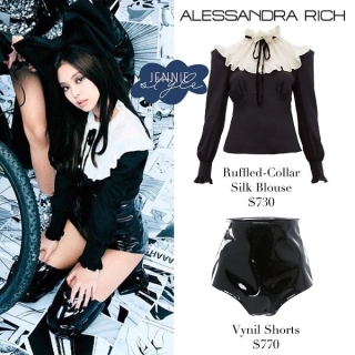 Trong thiết kế áo đen có phần cổ trắng rũ bèo đến từ NTK Alessandra Rich được Jennie diện khi chụp hình cho tạp chí Jalouse China