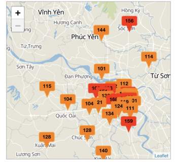 Bản đồ các khu vực quan trắc chất lượng không khí ở Hà Nội phủ sắc da cam và đỏ. Ảnh: Dương Lâm