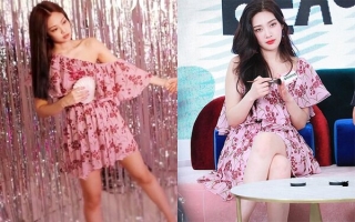 Trong kiểu váy hồng lệch vai được cả hai mỹ nhân xứ Hàn đều diện, người thì mặc chụp hình cho tạp chí, người thì mặc để tham dự sự kiện, khó phân biệt được ai mặc đẹp hơn ai
