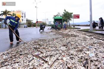 Chùm ảnh: 3.000 tấn rác dạt vào bãi biển Đà Nẵng sau bão số 13 - Ảnh 17.