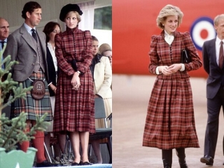 Trong thiết kế của Caroline Charles , Công nương Diana đã khoác trên mình kiểu váy suit sọc caoro màu đỏ nâu, tấm bên trái bà mix trang phục với mũ beret cùng dây thắt lưng đen , trong khi đó tấm bên phải được bà mặc lại vào năm 1985