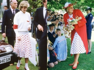 Trong bộ váy chấm bi đỏ, Công nương Diana đã có cách mix đồ tinh tế, Ở hình trái khi có sự kiện tại lâu đài Windsor vào chiều hè tháng 6/1986, bà đã mix váy với áo len trắng và đôi vớ mang cùng giày búp bê đỏ. Trong khi đó khi đi công tác tại Úc, Diana đã mix kiểu váy chung với áo măng tô đỏ dáng dài