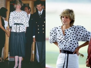 Kiểu áo trắng chấm đen được bà chọn mặc với hai style khác nhau, trong chuyến công tác tại Úc vào 1983, bà đã mix thiết kết với váy midi cùng dây buộc thắt lưng. Cùng năm, Công nương Diana diện dáng áo tiếp tục khi tham dự giải Polo mix cùng quần trắng