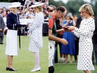Họa tiết polka dots chấm bi thì Công nương xứ Wales là fans hâm mộ đích thực. Bà diện dáng váy Peplum chấm bi đen này trong một sự kiện vào tháng 6/1986 cho đến sau 1 năm sau tại một sự kiện Polo của Hoàng gia, bà lại tiếp tục mặc kiểu váy này