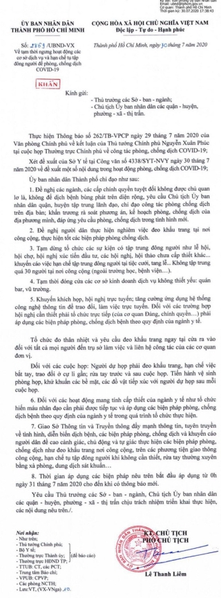 TP Hồ Chí Minh tạm đóng cửa quán bar, vũ trường từ 0 giờ ngày 31/7