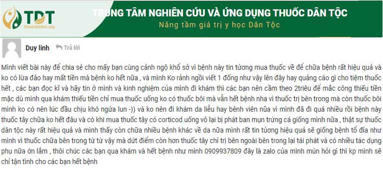 Phản hồi của bệnh nhân Tô Duy Linh để lại trên trang thông tin chính thức của Trung tâm Thuốc dân tộc thuocdantoc.org