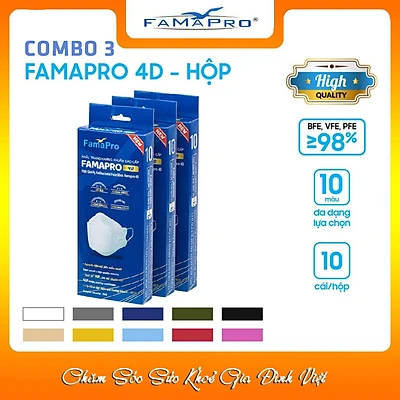 Combo 3 Hộp Khẩu Trang Y Tế Cao Cấp Famapro 4D/Kháng Virus, Kháng Khuẩn, Lọc Khuẩn, Bụi 98% [Hộp 10 cái Chính Hãng]