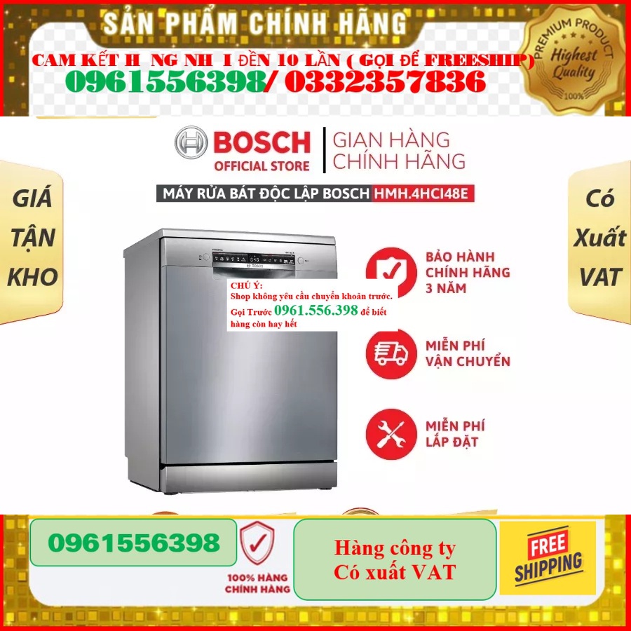 [CHÍNH HÃNG] Máy Rửa Bát Độc Lập Bosch HMH.SMS4HCI48E Series 4 14 bộ 3 giàn rửa