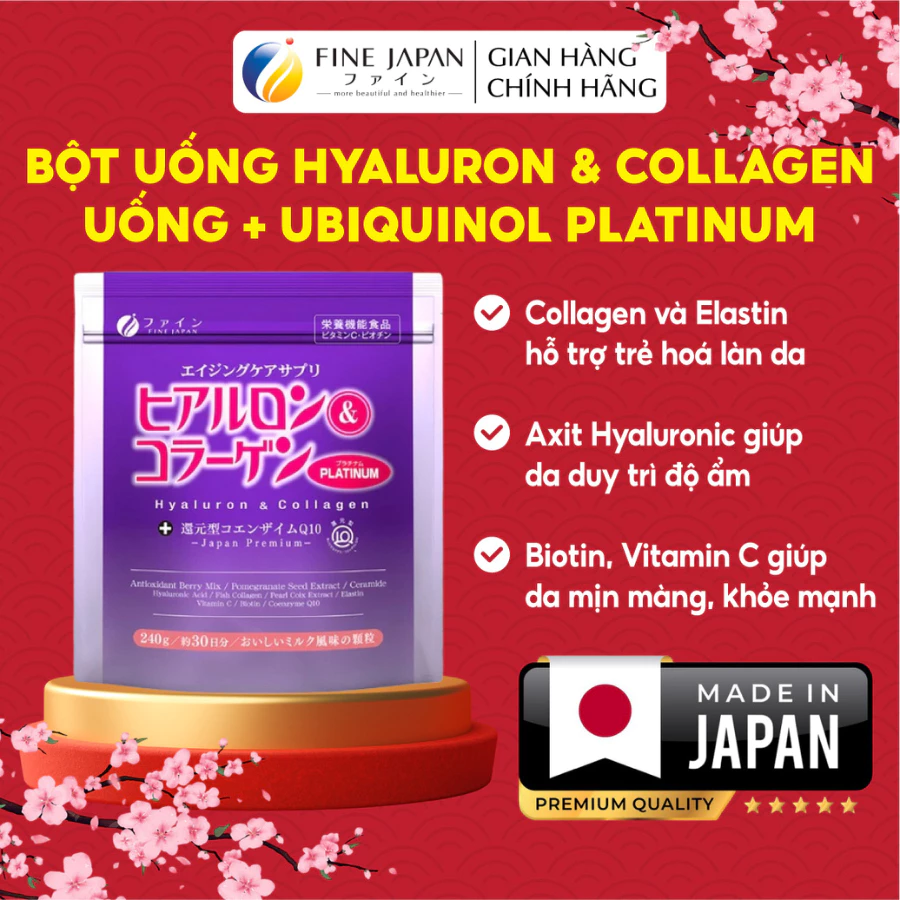 Bột uống Hyaluron & Collagen + Ubiquinol Platinum Cao Cấp FINE JAPAN hạn chế lão hóa da gói 240gr